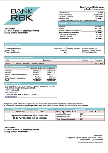 Download Kazakhstan Bank RBK mortgage statement Word and PDF template Photoshop template